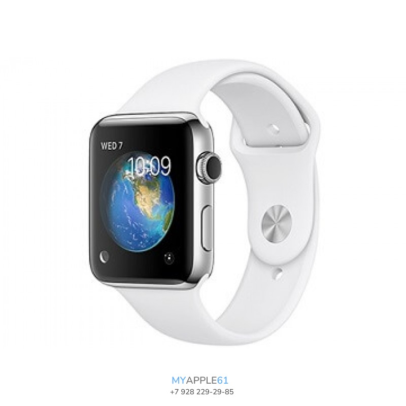 Apple Watch Series 2, 42 мм, корпус из нержавеющей стали, белый спортивный ремешок